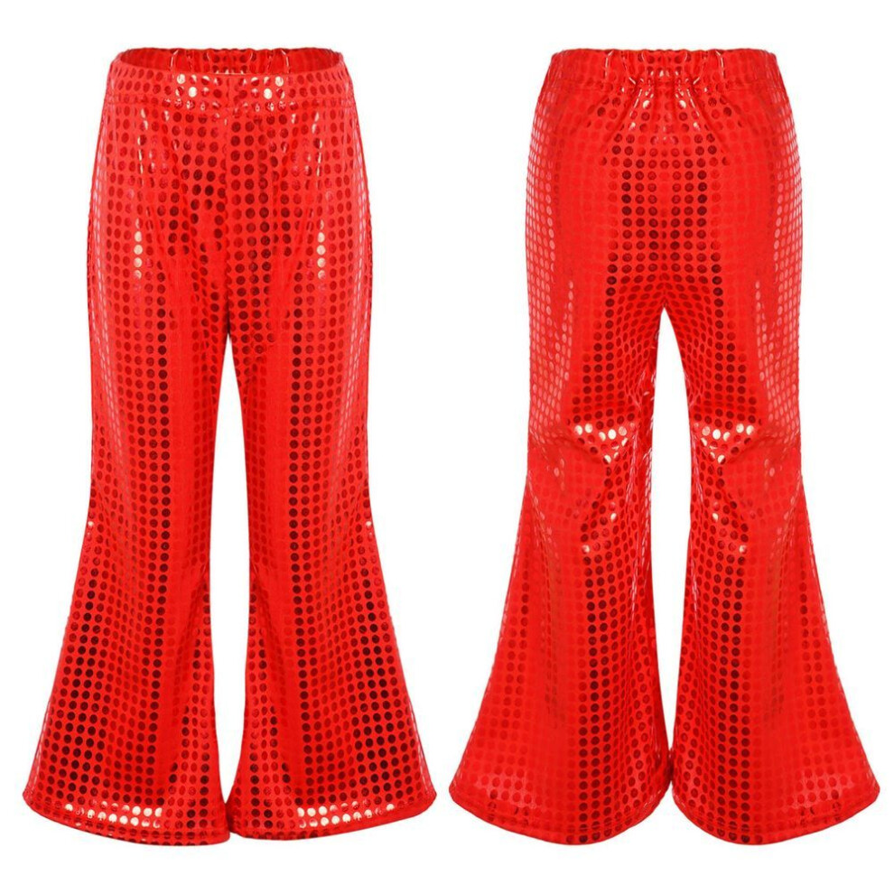 (red, 3-4 Years) Kids Flared Pants Boys Girls Shiny Sequins Elastic Waist Bell Bottomtrousers For Jazz Disco Modern Dance Stage Performance Pants