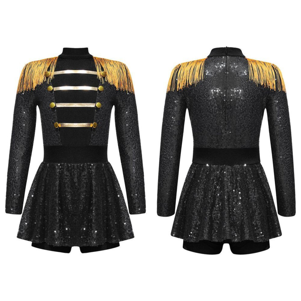 (black, 9-10 Years) Kids Girls Halloween Party Circus Ringmaster Costume Shiny Sequined Tassel Gymnastics Leotard Dress Dancewear