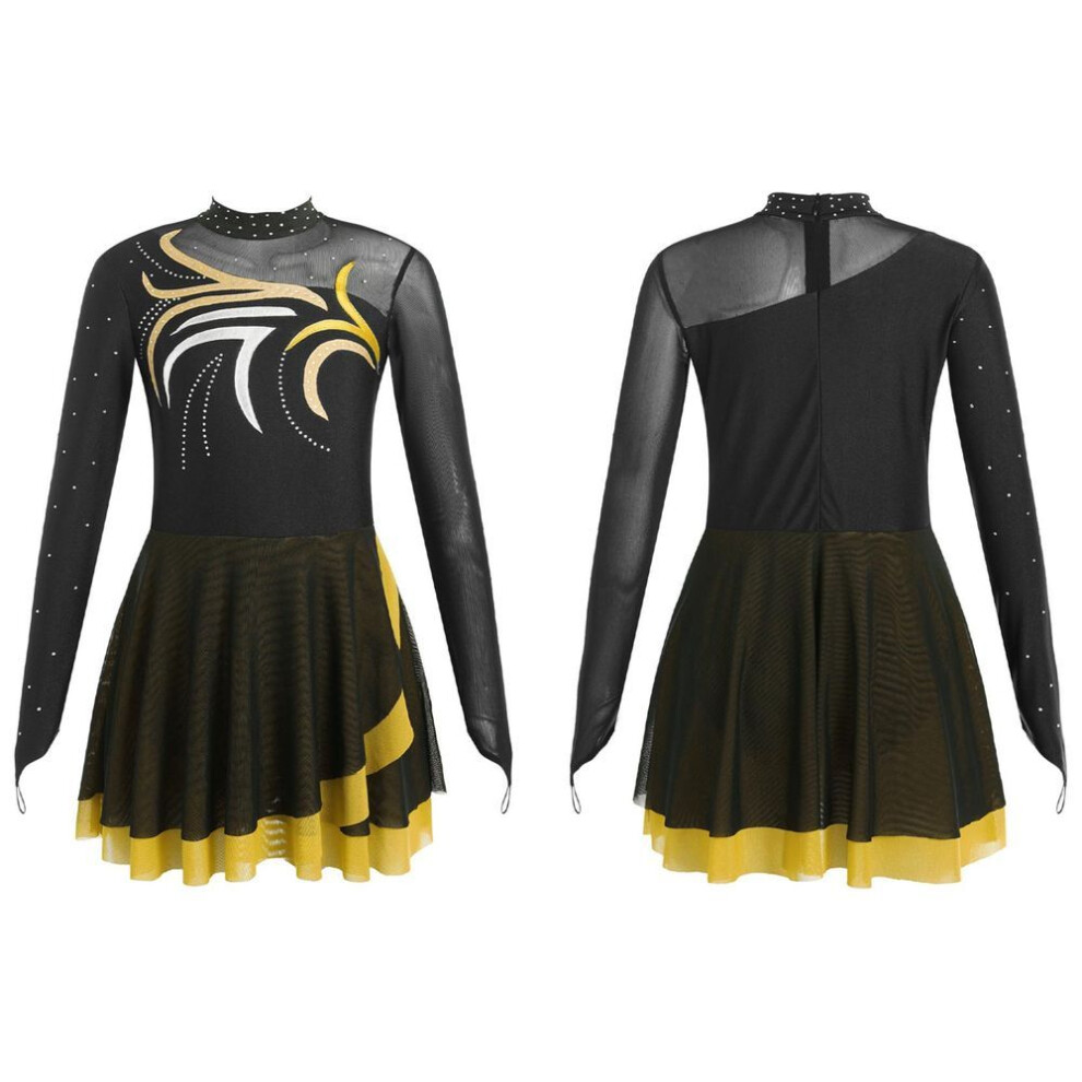(yellow, 11-12 Years) Kids Girls Figure Skating Dance Performance Dresses Rhinestones Mesh Patchwork Long Sleeve Mock Neck Dress Dancewear