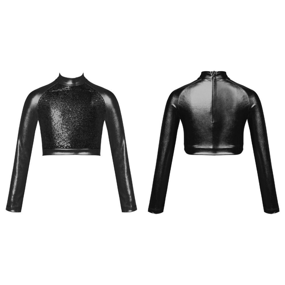 (black, 5-6 Years) Kids Girls High Neck Glitter Crop Top Metallic Long Sleeve T-shirt Ballet Dance Leotard Gymnastics Performance