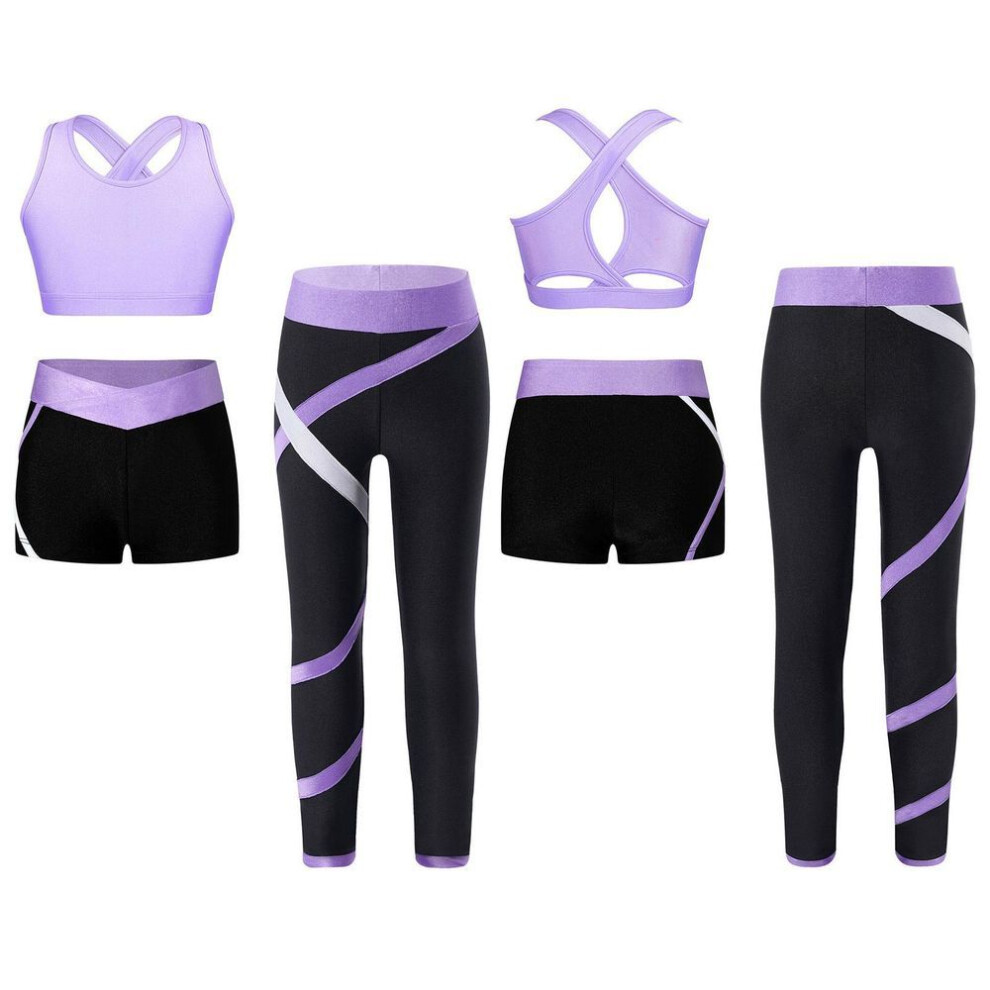 (lavender, 9-10 Years) Kids Girls 3pcs Sports Set U Neck Cross Back Keyhole Cropped Vest With Contrast Color Pants Shorts For Running Workout Yoga
