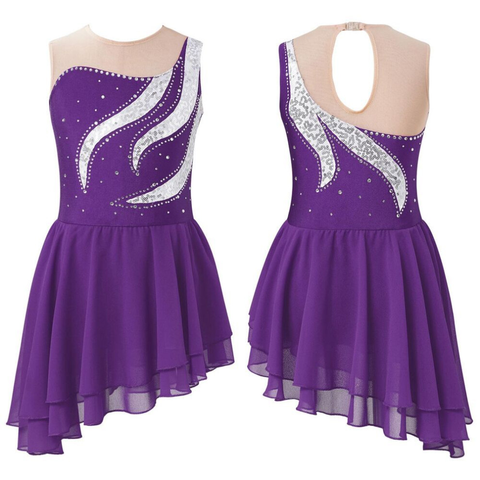(purple, 5-6 Years) Kids Girls Sequin Rhinestone Dancing Clothing Sleeveless Hollow Back Tiered Slanted Hem Figure Ice Skating Dress