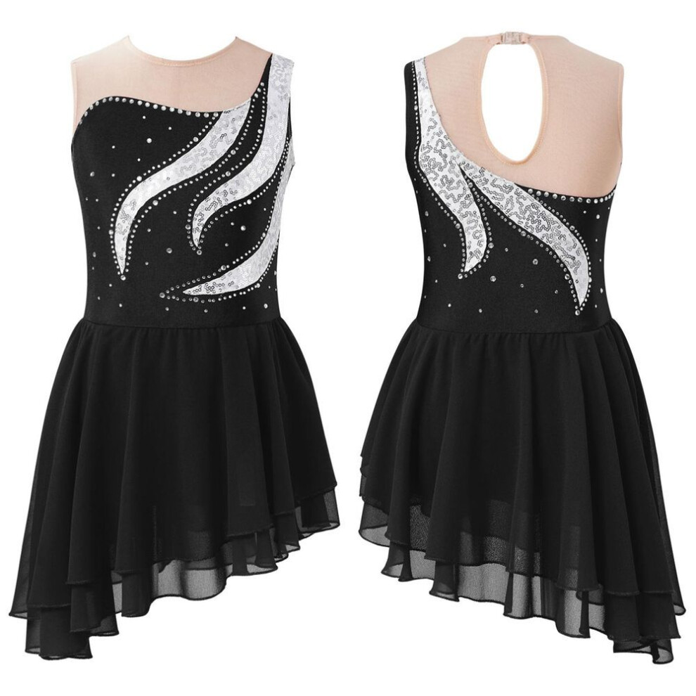(black, 9-10 Years) Kids Girls Sequin Rhinestone Dancing Clothing Sleeveless Hollow Back Tiered Slanted Hem Figure Ice Skating Dress