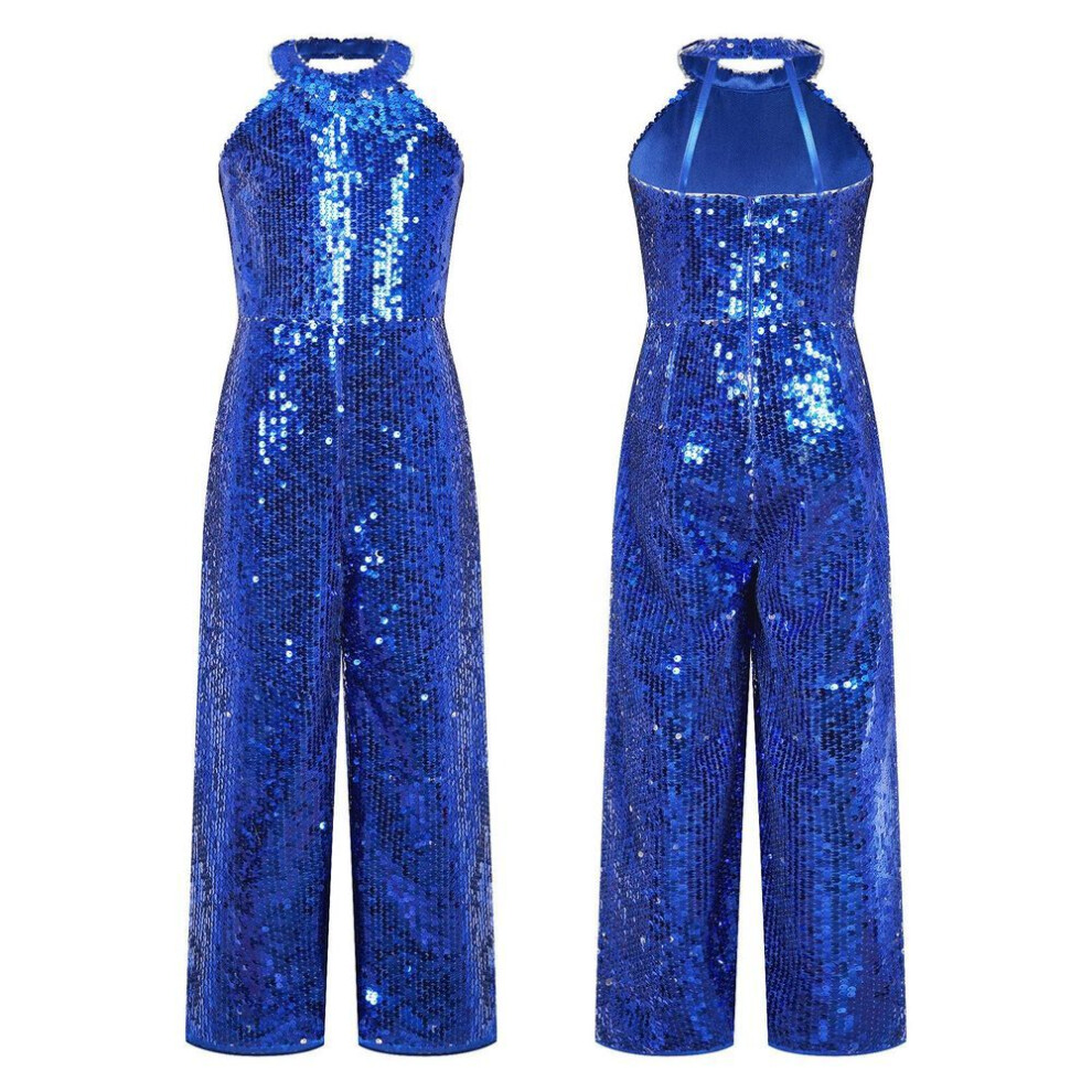 (royal blue, 13-14 Years) Kids Girls Shiny Sequin Jumpsuit Romper Jazz Ballet Dance Performance Prom Party Playsuit Wide Leg Pants Fancy Dress-up Bodysuit