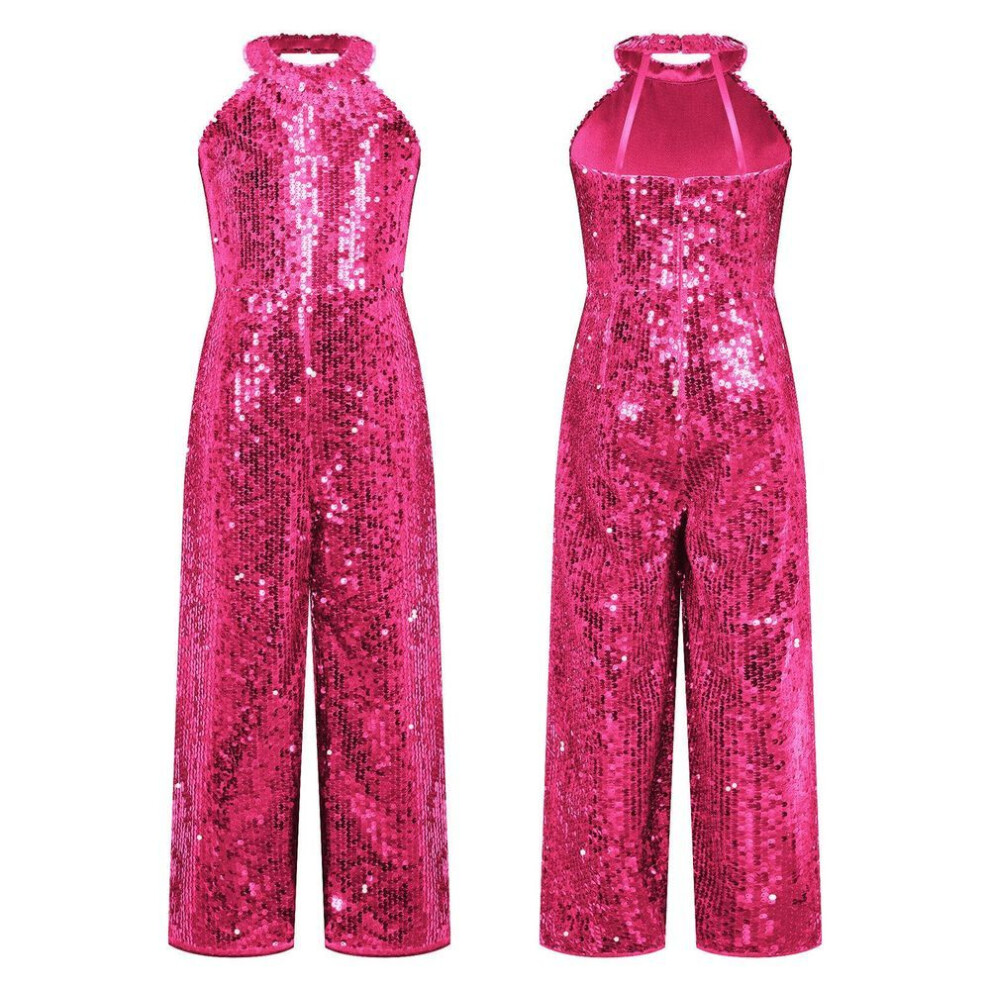 (hot pink, 5-6 Years) Kids Girls Shiny Sequin Jumpsuit Romper Jazz Ballet Dance Performance Prom Party Playsuit Wide Leg Pants Fancy Dress-up Bodysuit