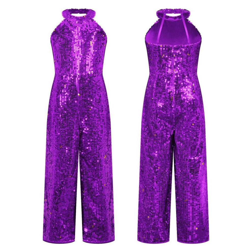 (purple, 9-10 Years) Kids Girls Shiny Sequin Jumpsuit Romper Jazz Ballet Dance Performance Prom Party Playsuit Wide Leg Pants Fancy Dress-up Bodysuit