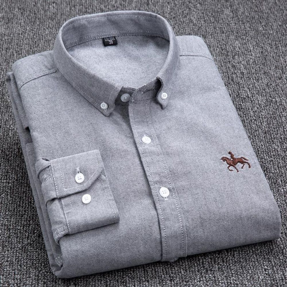(S, grey) Fashion Top  Quality Mens Formal Dress Shirts Long Sleeve White Pure Cotton Business Slim Fit Plus Size Office