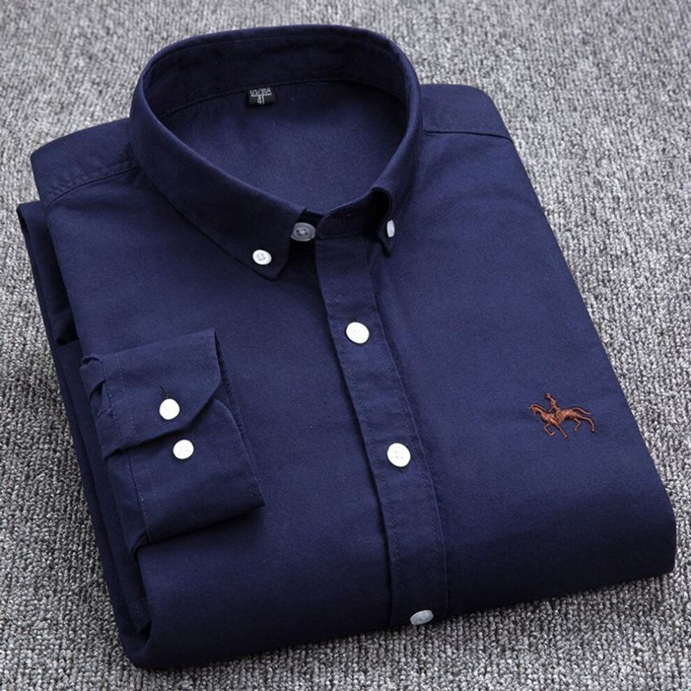 (S, navy blue) Fashion Top  Quality Mens Formal Dress Shirts Long Sleeve White Pure Cotton Business Slim Fit Plus Size Office