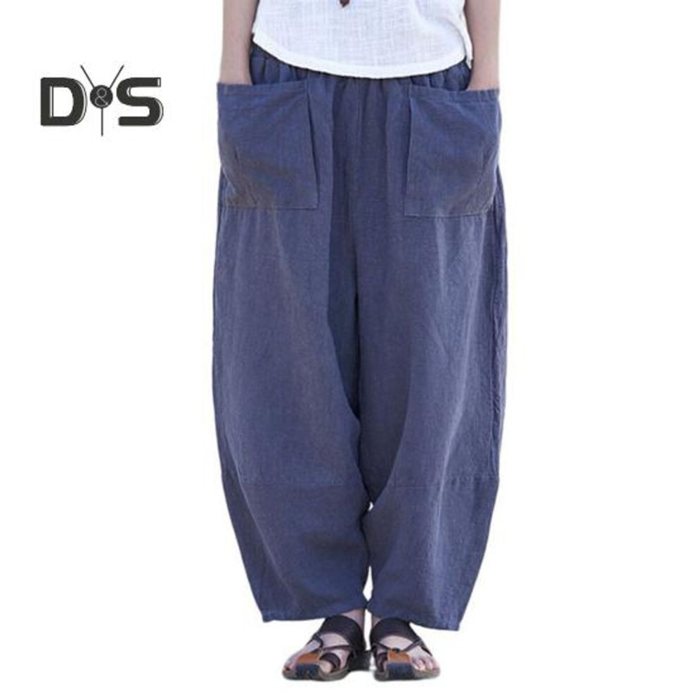 (dark blue, XL) Women Harem Pants Wide Leg Solid Color Long Pants With Pockets Elastic Waistband Loose Fit Casual Travel Trousers