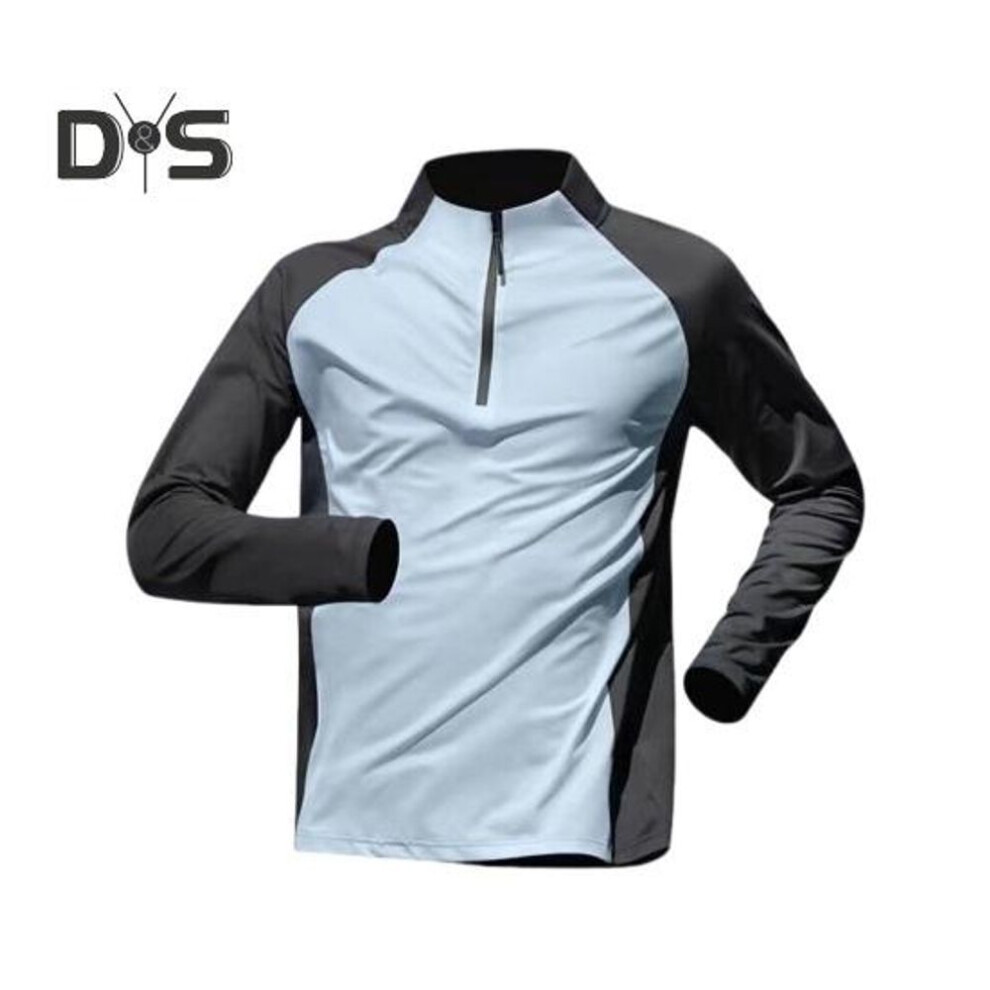 (blue, M) Men Summer Sports T Shirt Half Zipper Stand Collar Contrast Color Long Sleeves Loose Casual Soft Breathable Mid Length Men Daily Running Fitness