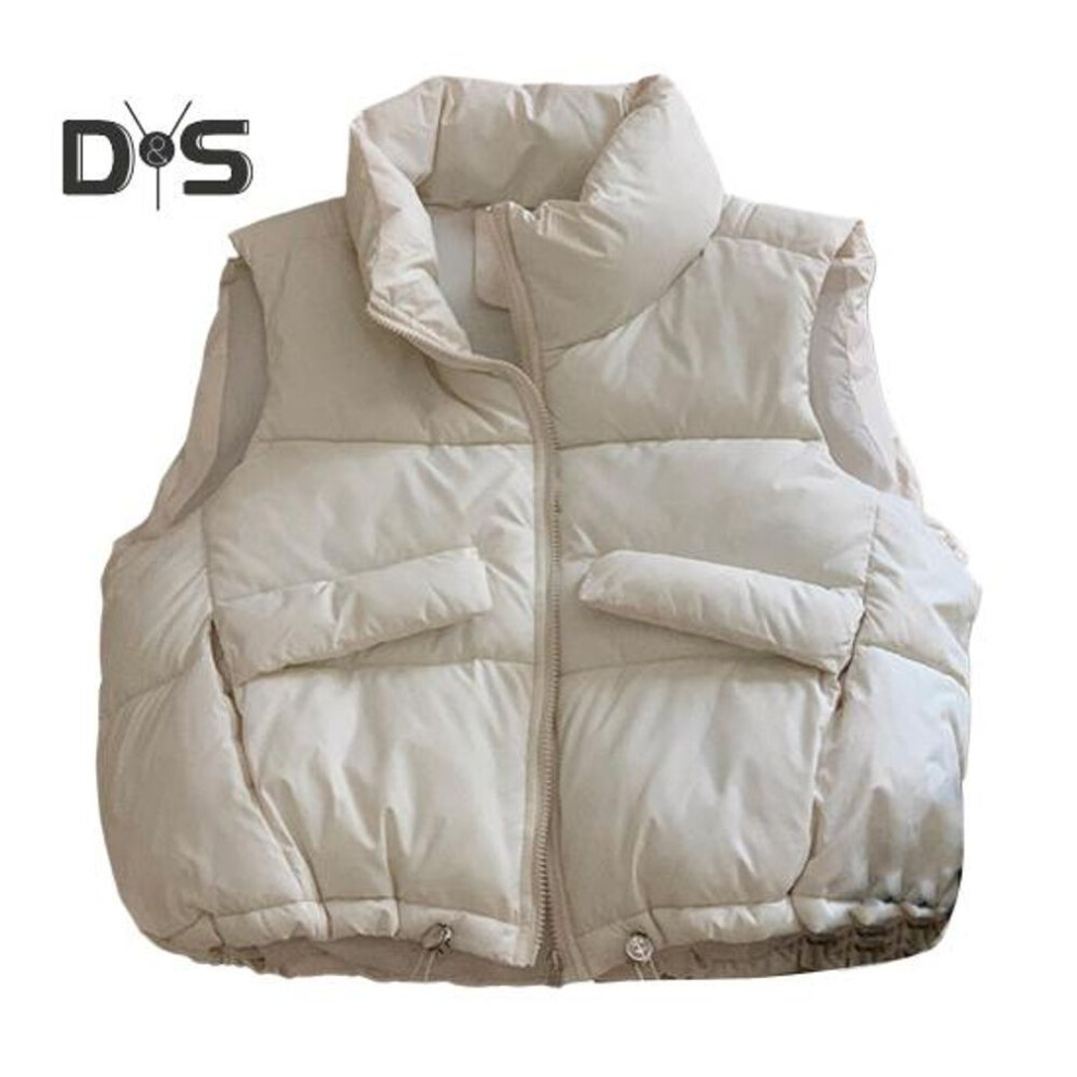 (beige, XL) Women Vest Coat Stand Collar Sleeveless Zipper Placket Cotton Waistcoat With Pockets Drawstring Hem Loose Fit Solid Color Puffer Vest