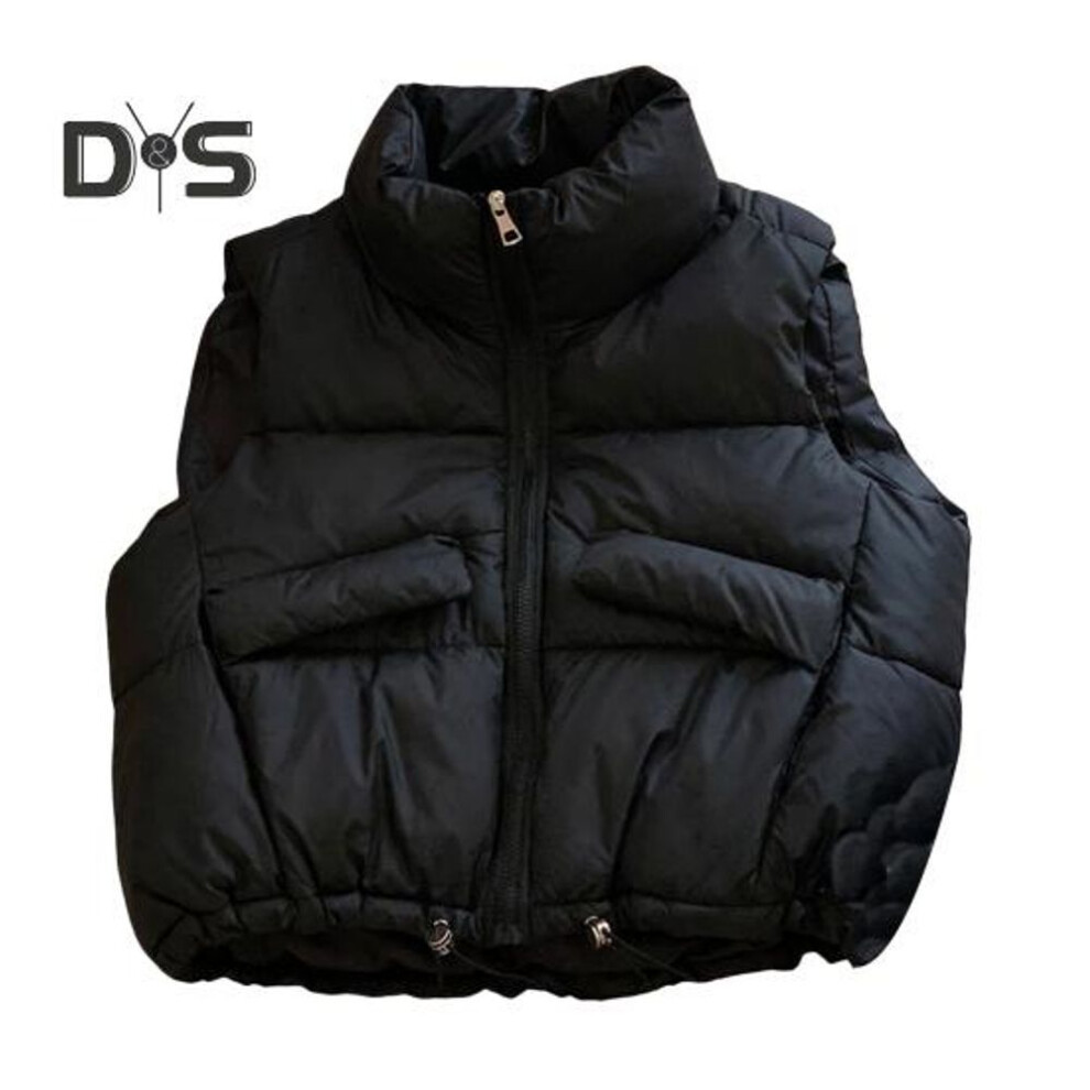 (black, XXL) Women Vest Coat Stand Collar Sleeveless Zipper Placket Cotton Waistcoat With Pockets Drawstring Hem Loose Fit Solid Color Puffer Vest
