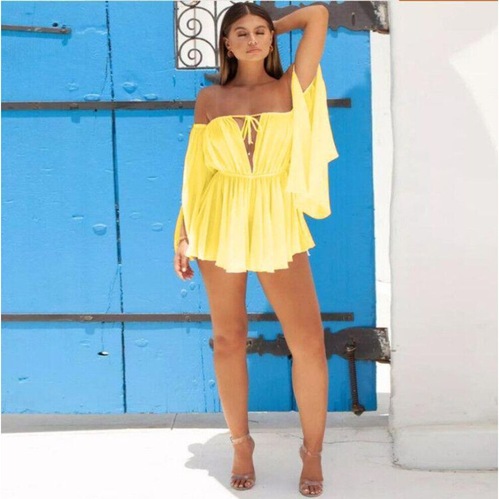 (yellow, Large) Sweet Strapless Backless Open Chest Open Sleeve Chiffon Dress - Women's Short Skirt
