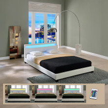 (White, Double) COOL LED Faux Leather LED Upholstered Bed Frame