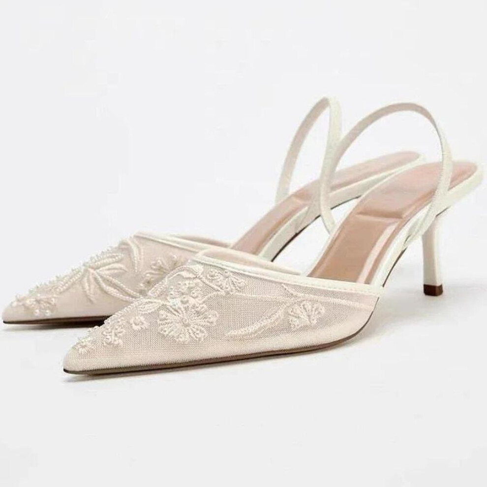 (as the picture, 41) Mesh Embroidered Flowers Thin Heels Sandals Women Summer Sexy Slingback Pointed Toe Pumps Dress Shoes Sandalias