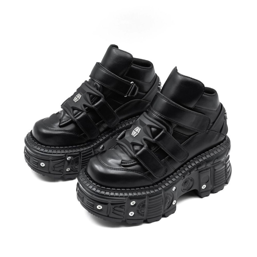(as the picture, 41) New Punk Style Women Shoes Gothic Ankle Rock Boots Lace-up Heel Height 9cm Platform Shoes Woman Metal Decor Woman Sneakers