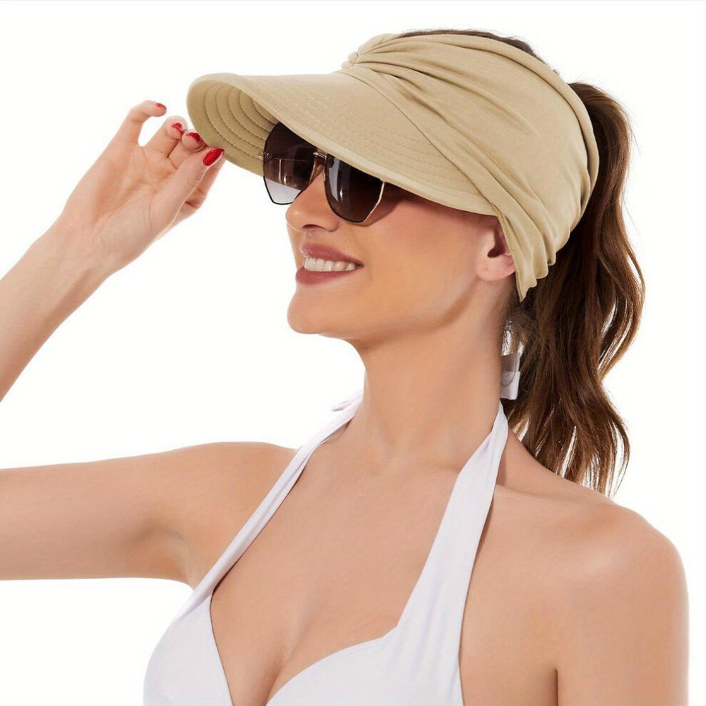 (beige) Wide Brim Sun Visor Hat - Packable Summer Beach Cap For Women - Uv Protection Beach Sport Hat
