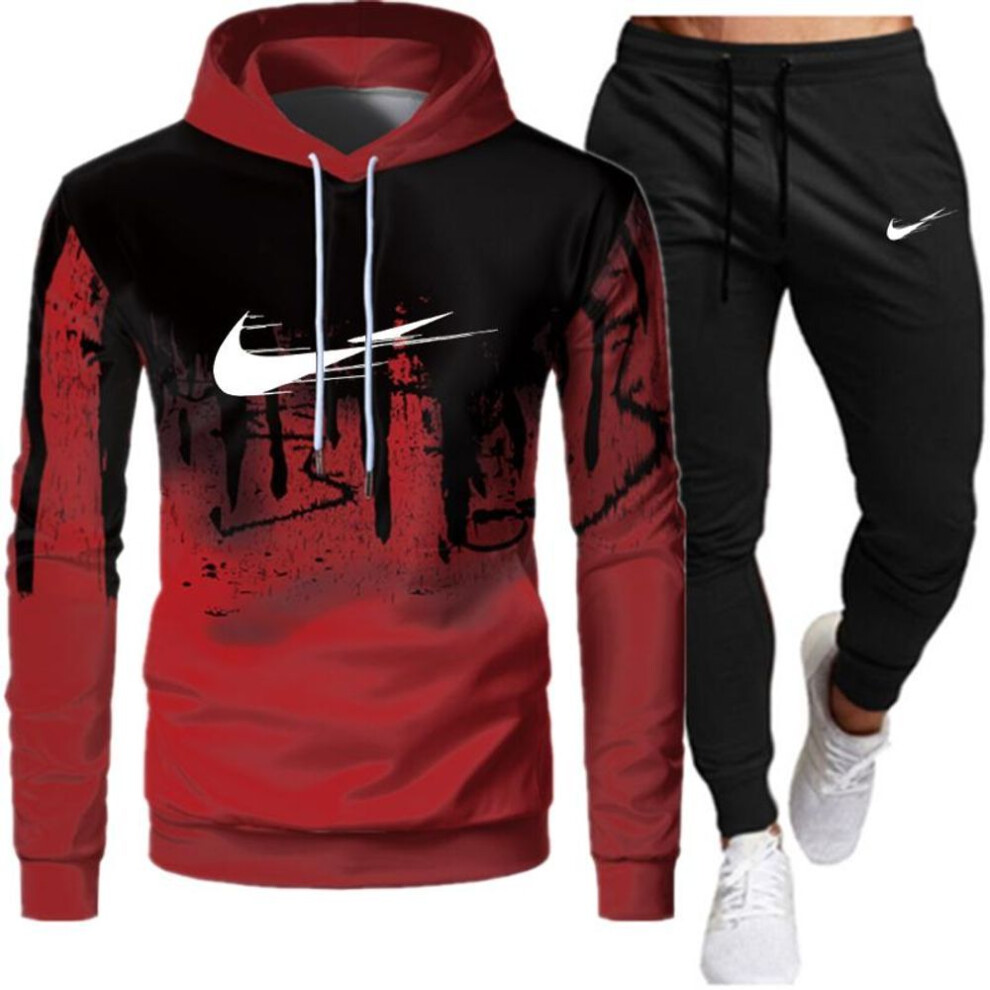(red, L) Spring Autumn Winter Hoodies Pants 2 Piece Set+running Hoody Mens Brand Sweatshirt Sport Joggers Sweatpants Suit