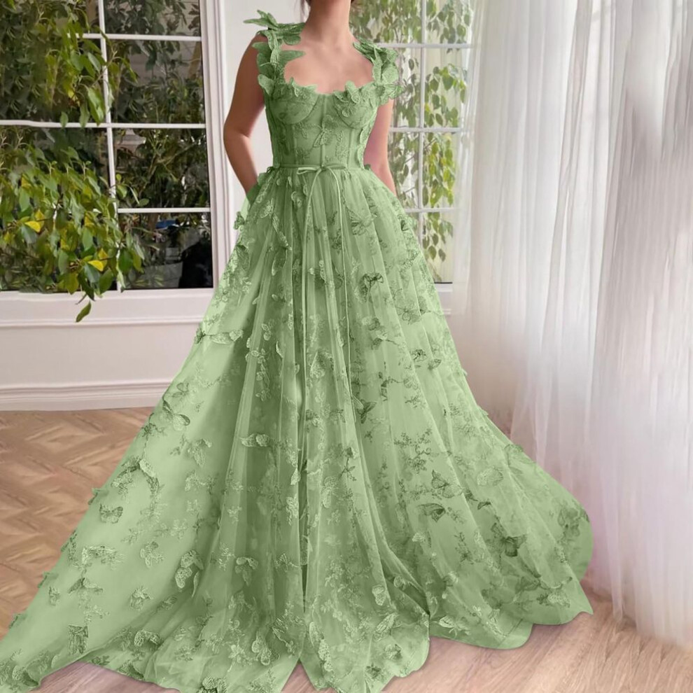 (as the picture, 16) 3D Butterfly Prom Dresses Long Lace Applique Tulle Ball Gown For Women Formal Evening Party Gown With Slit