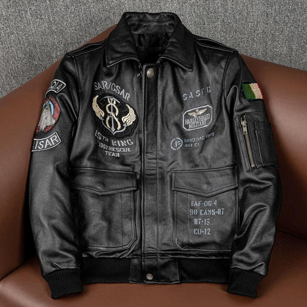 (as the picture, XXL) 2023 New Spring Men's Genuine Leather Jacket Embroidery Bomber Cowhide Air Force Jacket Motorcycle Leather Coat A2 Biker Clothes
