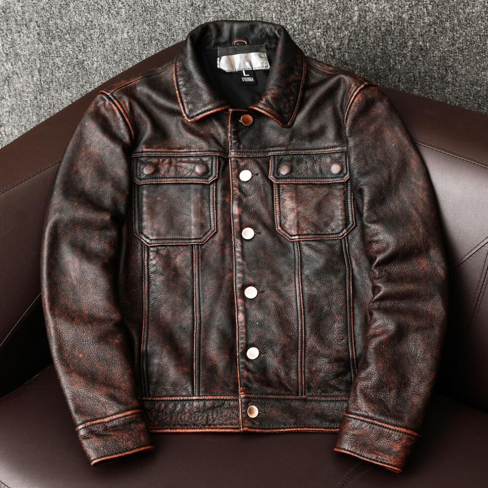(as the picture, XXXL) Red Brown Vintage Genuine Leather Jacket Men 100% Natural Cowhide Coat Men's Casual Workwear Stone Mill Old Style Autumn Clothes