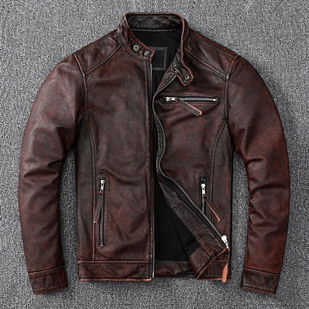 (as the picture, XXXXL) Vintage Brown Coat Classic Biker Style Short Slim Genuine Leather Jacket Men Casual Leather Coat Asian Size 6xl Autumn Wholesale