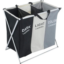 (Default) GoDyna Large Laundry Basket 3 Sections Aluminium Folding Laundry Cloth Basket Washing Hamper Bin Storage Bag Light Dark for Bedroom Black