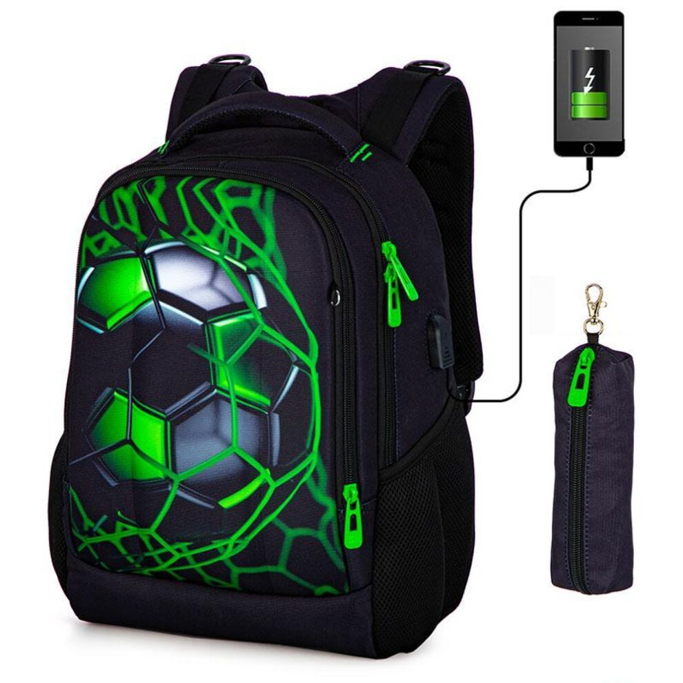 (green, 40cm*30cm*17cm) Orthopedic School Bag For Boys 3D Football Backpacks Students Usb Charging Multifunctional Bagpack Teenagers Bookbag