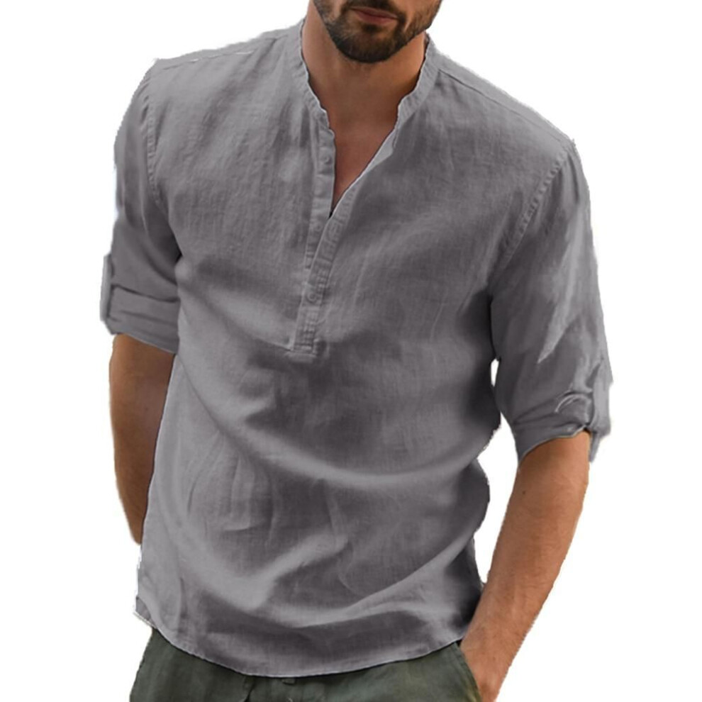 (US S 50-60 KG, gray) New Men's Casual Blouse Cotton Linen Shirt Loose Tops Long Sleeve Tee Shirt Spring Autumn Casual Handsome Men Shirts
