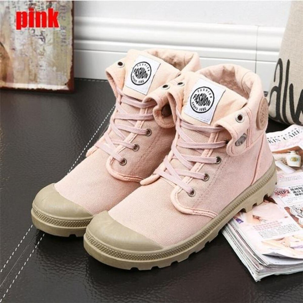 (pink, 38) Shoelife Fashion Top Quality Women's Canvas Lace Up Palladium Ankle Motorcycle Boots