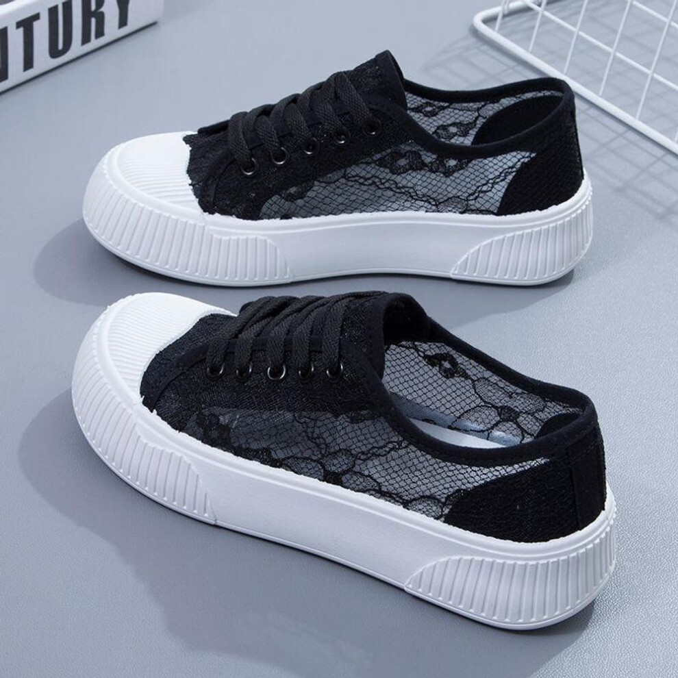 (black, 38) Small White Shoes Women Summer Breathable Lace Flat-bottomed Mesh Shallow Canvas Shoes