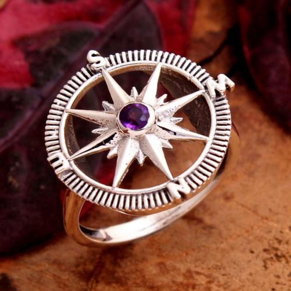 (purple, 5) Compass Ring, Amethyst Ring, Handmade Jewelry, 925 Sterling Silver, Silver Ring, Gifts For Her