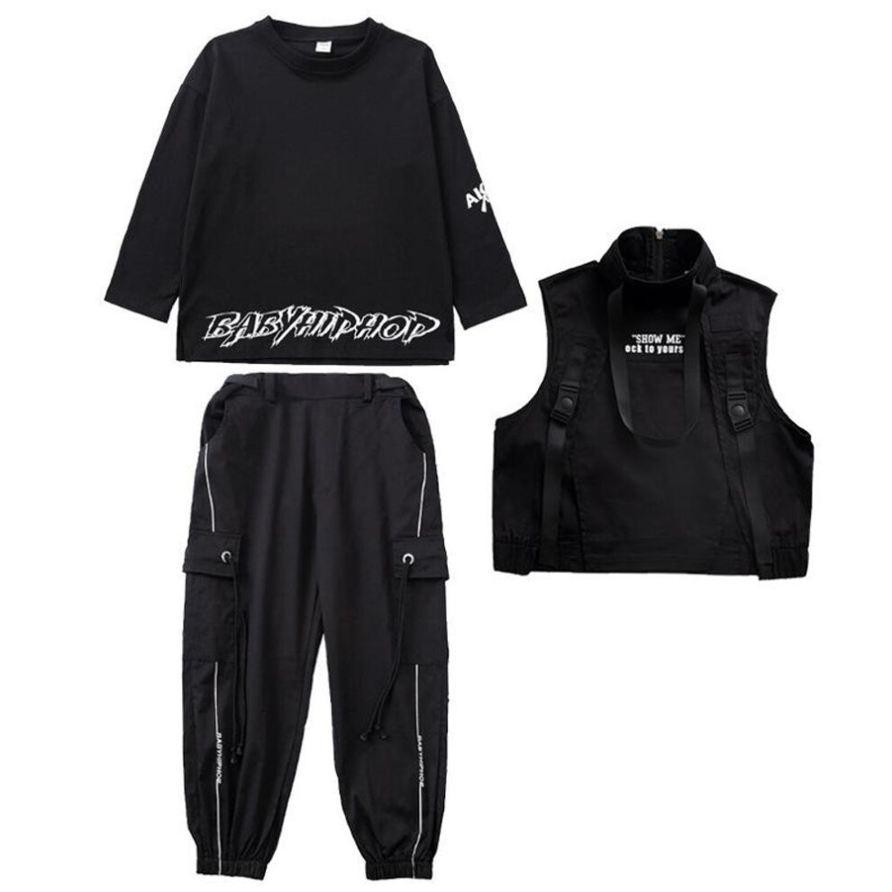 (black, 170cm) Children's Hip-hop Clothes For Boys Dark Tide Cool Hip-hop Suits For Children Catwalk Clothes For Girls Jazz Dance Costume