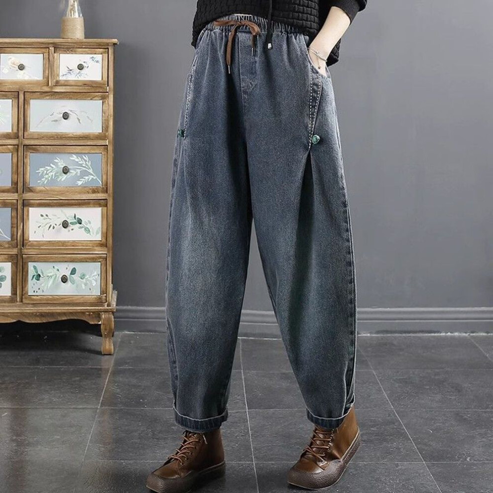 (as the picture, 2XL) Spring Casual Jeans Women Elastic Waist Wash Blue Pan Buckle Loose Dad Harlan Denim Pants
