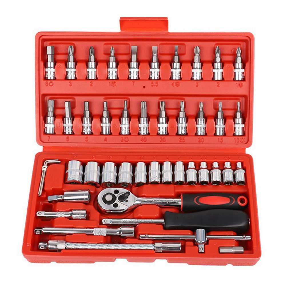 Kit d'outils de réparation automobile 46 pièces, jeu de douilles, clé dynamométrique à cliquet, combo réparation automobile rouge