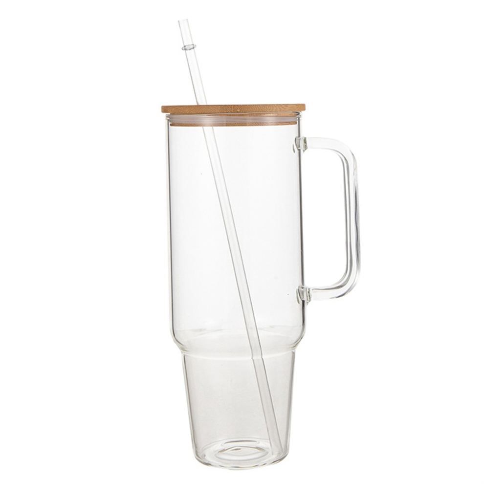Vaso De Vidrio De 40 Oz Con Asa Y Tapa De Pajita, Reutilizable, Transparente, Para Café, Té, Jugo, Cerveza, Leche-image