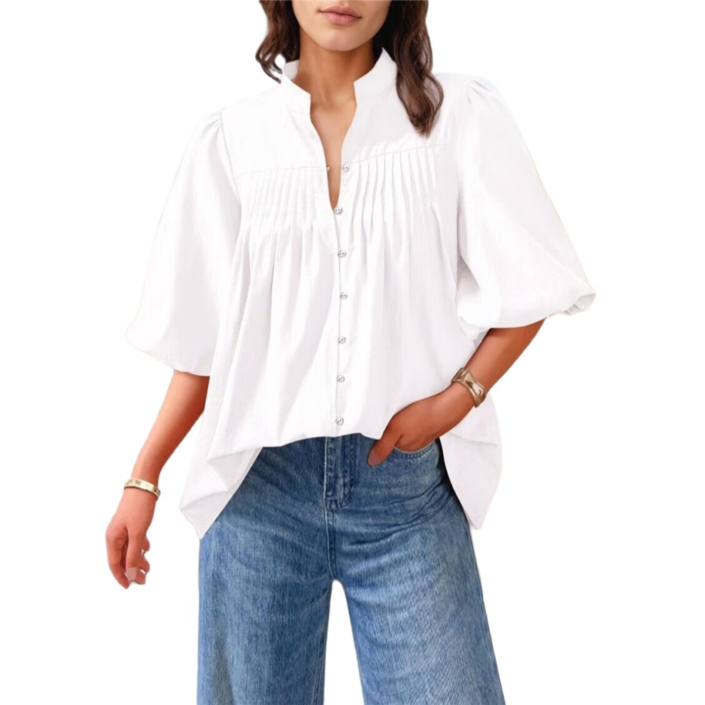Haut col en V à manches ballon pour femme, blanc, taille XL