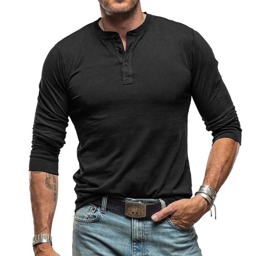 (black, S) Men's Casual Long Sleeve Henley Shirt 3-button Cotton Loose Waist Breathable Tee Shirts For Male Solid Lightweight Soft Comfortable Fit Pullover Top