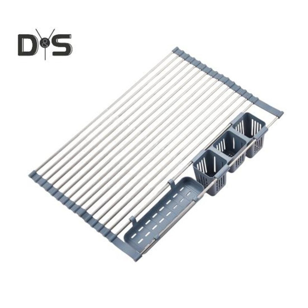 (blue) Expandable Roll-up Dish Drying Rack Strong Load-bearing Rustproof Length Adjustable Sink Dish Drainer Drying Rack