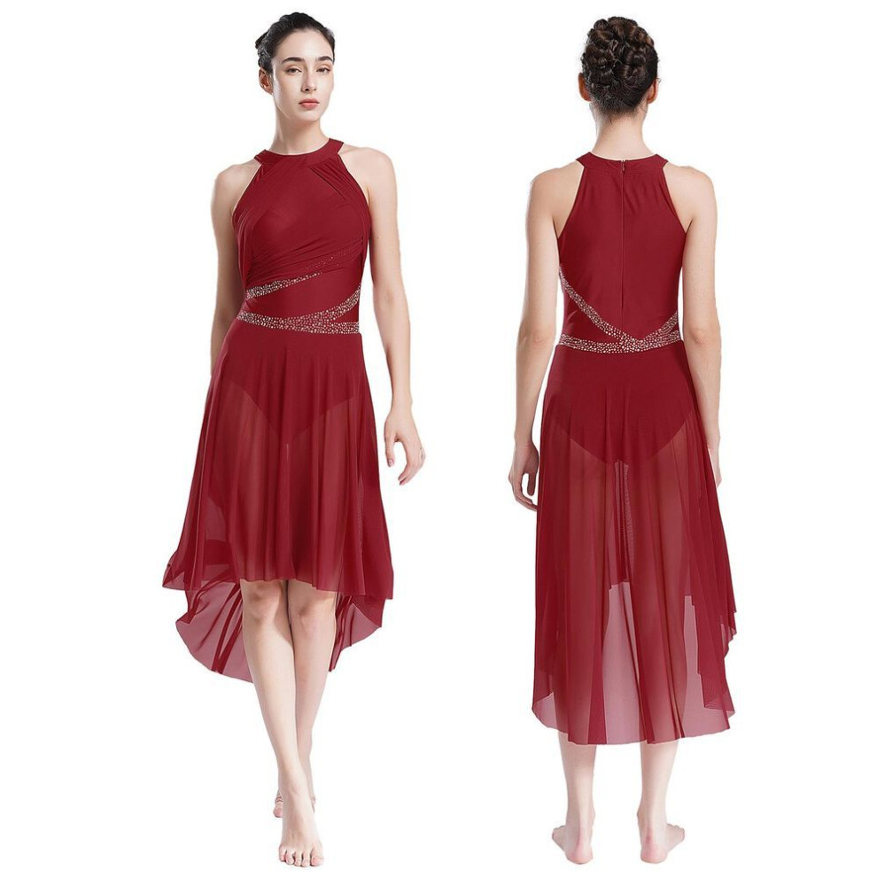 (burgundy, S) Ladies Lyrical Ballet Ballroom Dance Leotard Dancewear Sparkly Rhinestones Ruched Modern Dress Figure Skating Gymnastics Costume