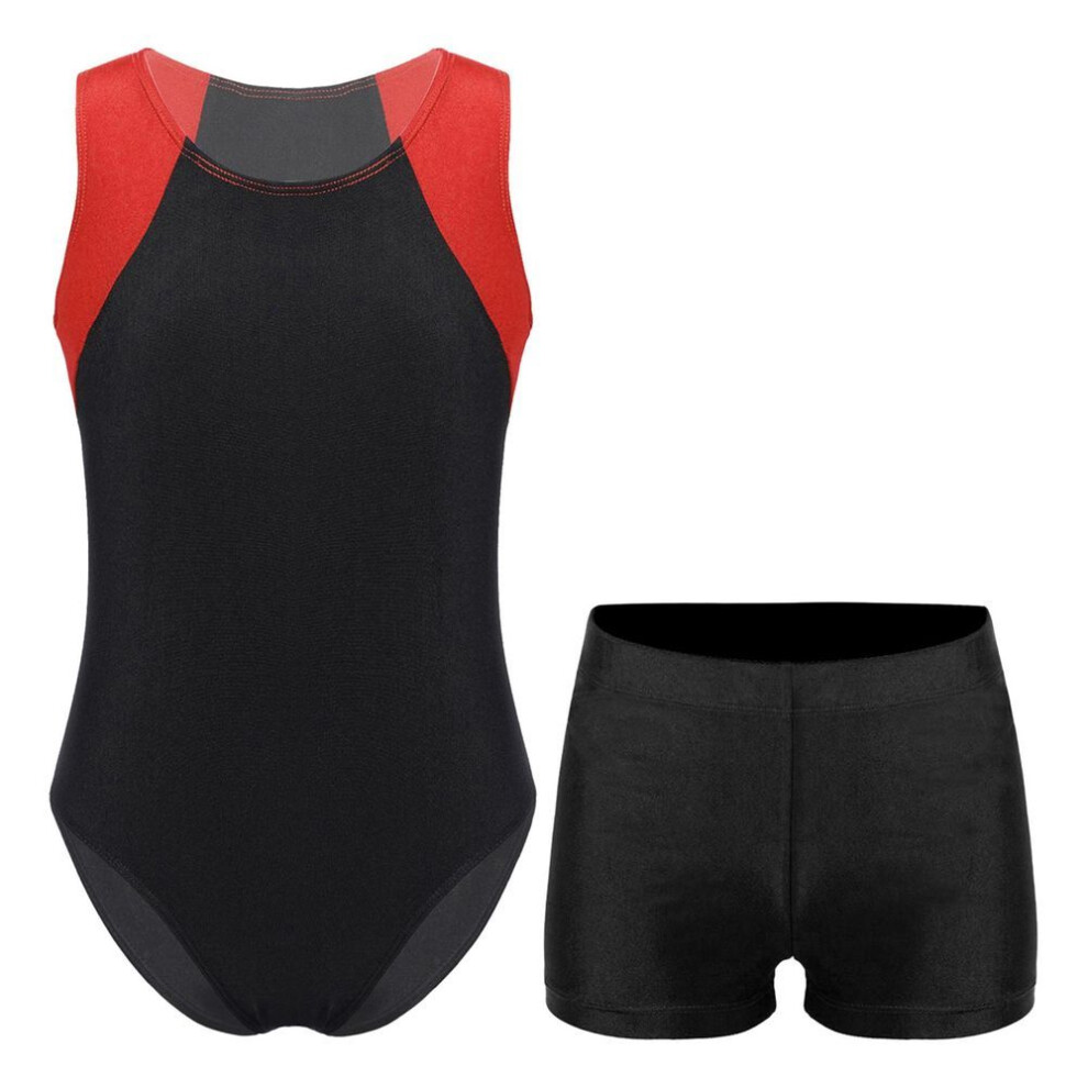 (red,black, 7-8 Years) Kids Boys Round Neck Sleeveless Leotard Bodysuit Jumpsuit With Shorts Set For Gymnastic Yoga Workout Competition