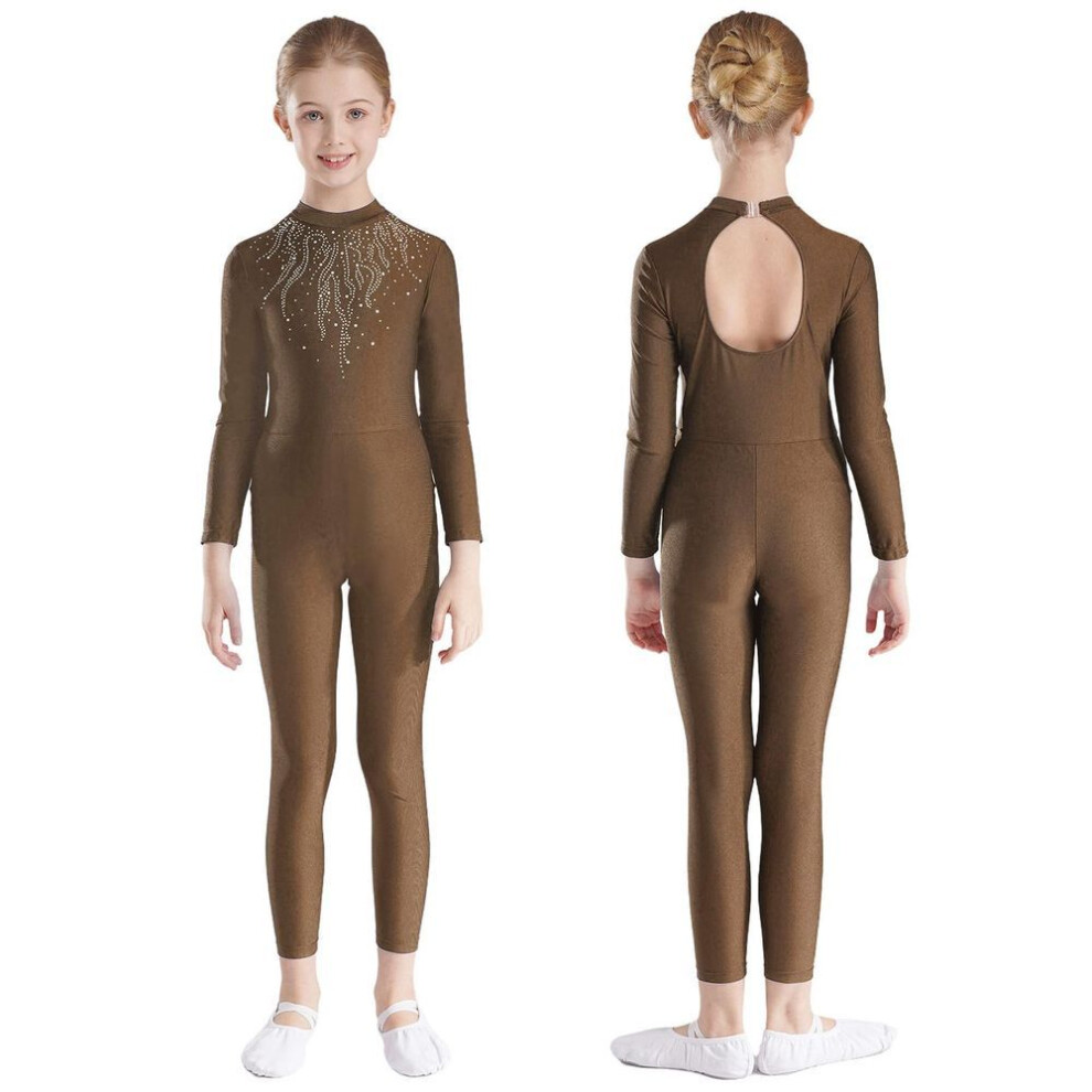 (brown, 5-6 Years) Girls Rhinestones Decor Long Sleeve Jumpsuit For Ballet Gymnastics Acrobatics Yoga Workout Full Body Stretch Figure Skating Unitard