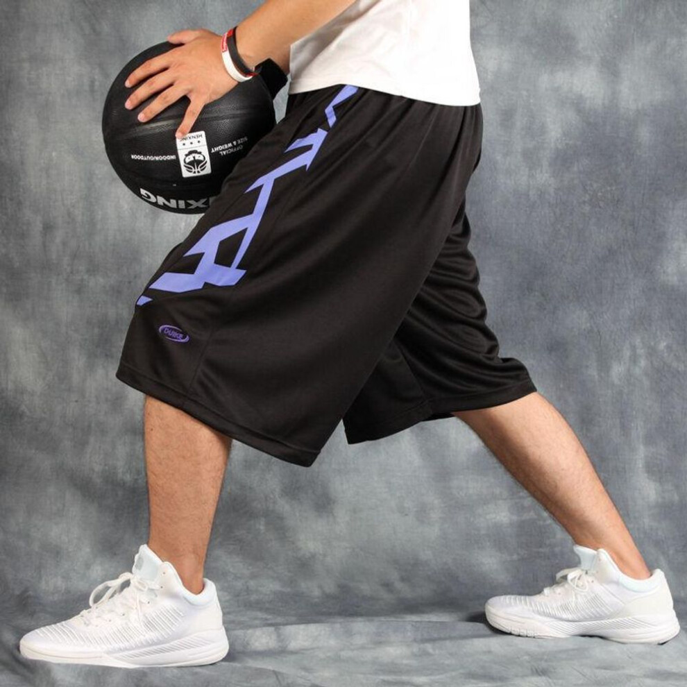(black,purple, XL) Sports Pants Basketball Shorts Men's Streetball Over Knee Enlarged Pocket Wide Fat Guy Pants Summer Fitness Pants