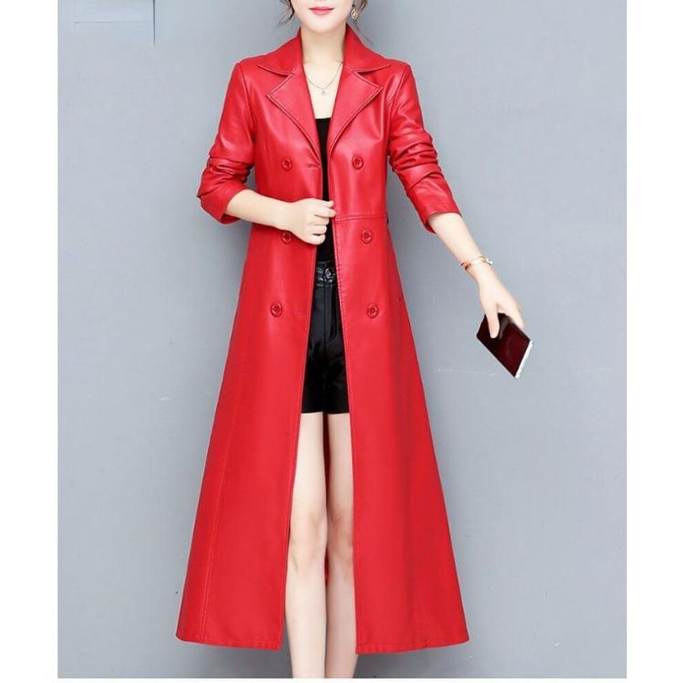 (red, 6XL) Fashionable And Slimming Knee-length Leather Trench Coat For Women Plus Size 6xl