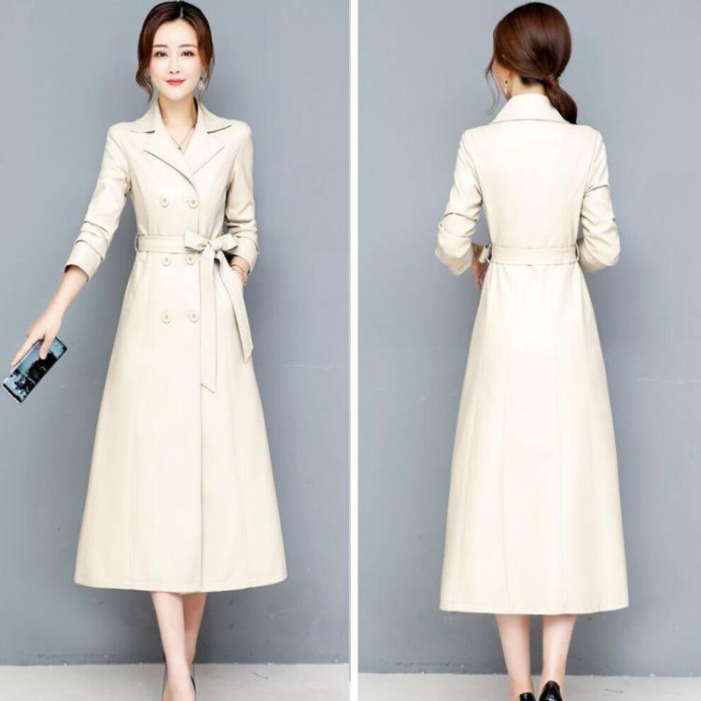 (beige, 6XL) Fashionable And Slimming Knee-length Leather Trench Coat For Women Plus Size 6xl