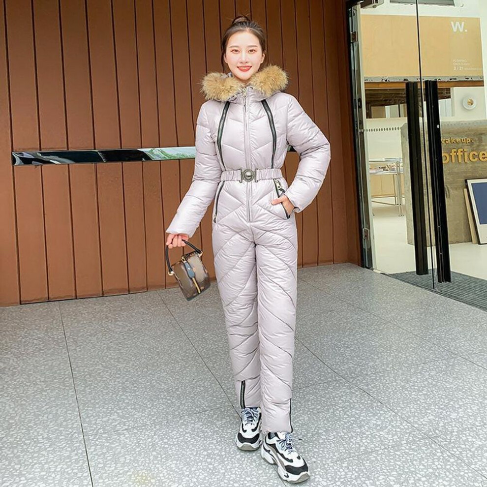 (ivory, M) One Piece Women Winter Snow Jacket Warm Hooded Fur Collar Puffer Coat Skater Suits