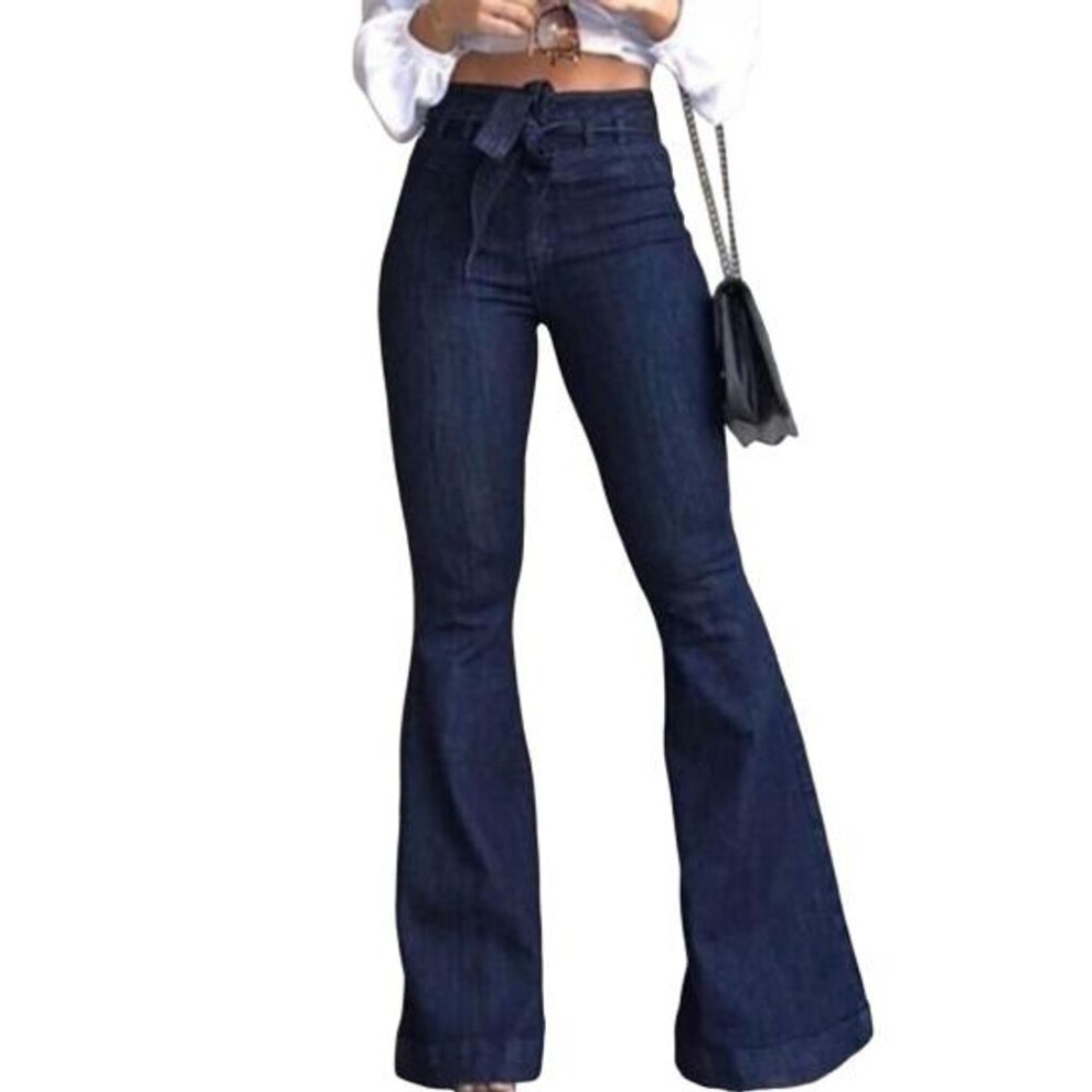 (blue, L) Women's Bell Bottom Jeans High Waisted Stretchy Flared Pants Casual Wide Leg Bootcut