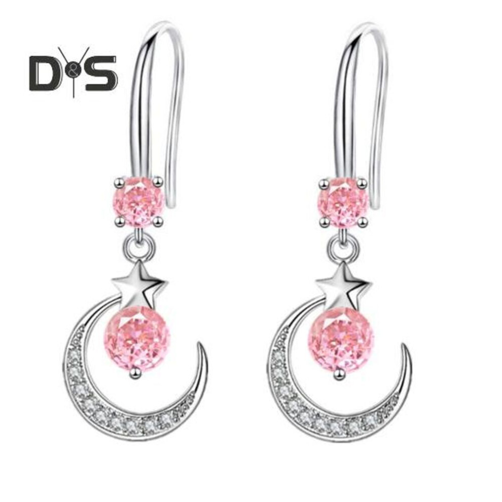 (pink) 1 Pair Women Hook Earrings Moon Star Shape Cubic Zirconia Hanging Earrings Polished Copper Drop Earrings Prom Party Dating Ear Jewelry