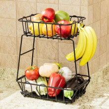 (Signal Black, 1 Count) Kitchen Fruit & Vegetable Storage Rack, 2-layer Metal Storage Basket with Hook, Multifunctional Storage Rack for Kitchen & Bathroom