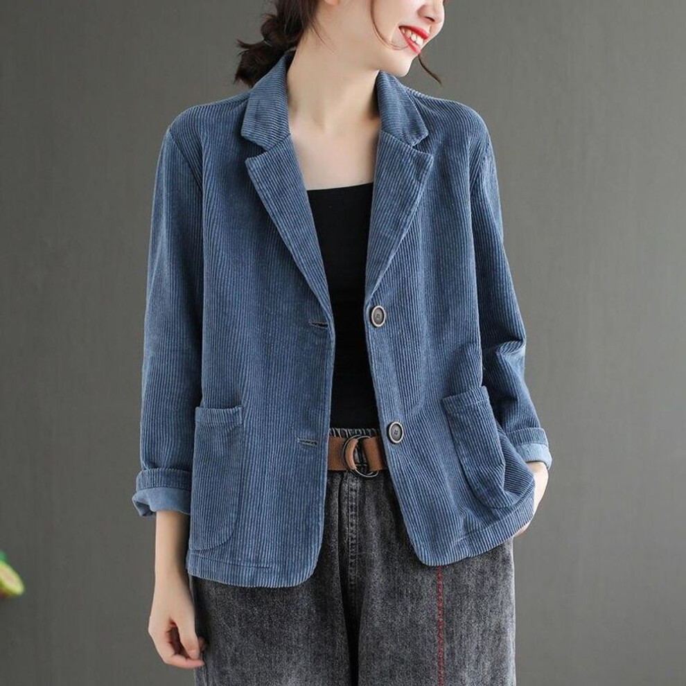 (blue, XL) Vintage Women Corduroy Jacket Spring Autumn Coat Ladies Casual Outwears Female Long Sleeve Loose Single Breasted Blazers